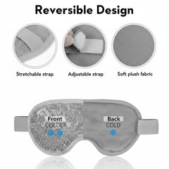 Reversible cooling eye mask with stretchable strap, adjustable tab, and soft plush fabric