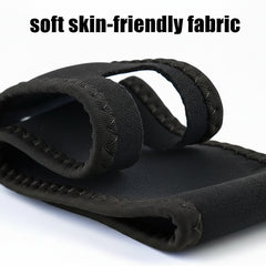 Black and blue wrist support with text about soft skin-friendly fabric