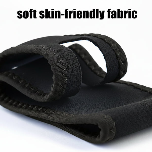 Black and blue wrist support with text about soft skin-friendly fabric