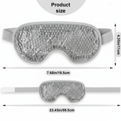 A grey gel eye mask shown with two size views and printed measurements.