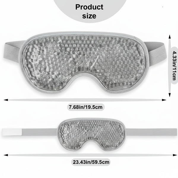 A grey gel eye mask shown with two size views and printed measurements.