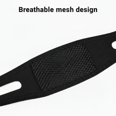 black strap with mesh design on a white background, featuring text about mesh breathable design.