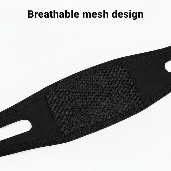 black strap with mesh design on a white background, featuring text about mesh breathable design.