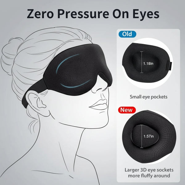 black sleep mask with comparisons of old vs new design on a gray background
