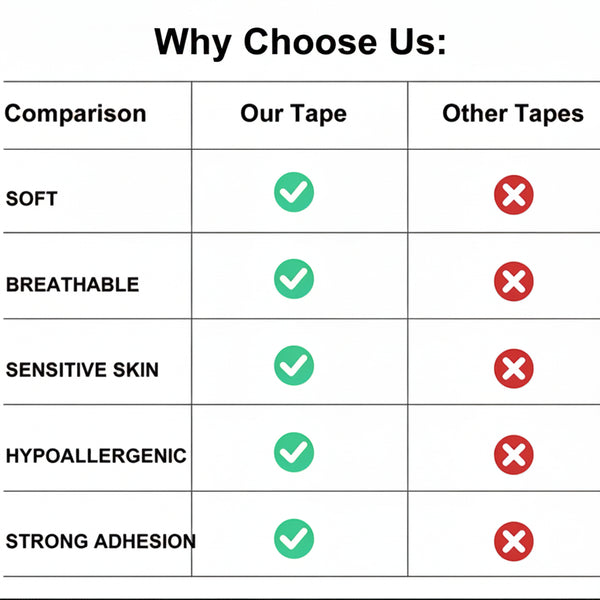 Comparison chart of micro pore tape with friendly, breathable, sensitive skin, hypoallergenic, and strong adhesion features.
