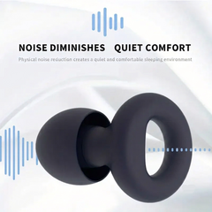 A matte black silicone ear plug with a ring-shaped outer section and a rounded inner section, shown on a white background with blue soundwave graphics and the text 'NOISE DIMINISHES QUIET COMFORT'.